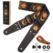 Guitar Strap, Sun & Moon Embroidery Guitar Straps with Head Cowhide Leather E...