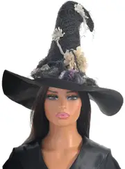 Tattered Black Felt Witch Hat with Purple Flower Embellishments