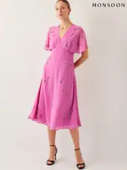 Monsoon Pink Candice Embellished Flutter Sleeve Midi Dress (F36657) | $346
