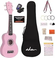 ADM Soprano Ukulele Set for Kids and Beginners, Ukulele Starter Kit with Bag, Clip-On Tuner, Rainbow Strings, Colourful Strap, Plectrum, Fingerboard Sticker, Chord Card (Matte Pink)