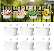 Balcony Railing Planters, 6 PCS Porch Fence Railing Planters, Metal Iron Hanging Flower Pots Fence Planters for Outdoor Plants and Flowers with Detachable Hooks (White)