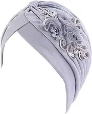 [Qianmome] Womens Sequin Flower Turban Elegant Muslim Beanie Head wrap Chemo Cap