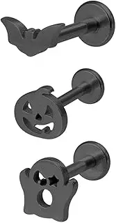 [Niaspi] 3Pcs 16G Halloween Stainless Steel Labret Stud Cartilage Lip Nose Ring Small Pumpkin Ghost Bat Internally Threaded Hypoallergenic Mini Tragus Helix Body Piercing Jewelry for Women