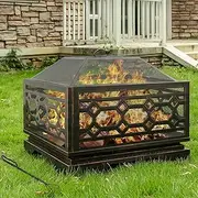 Florise Outdoor Fire Pit, 26 Inch Wood Burning Firepit for Outside with Mesh Cover & Fire Poker, Large Square Metal Fireplace for Patio, Backyard, Garden, Bonfire Party