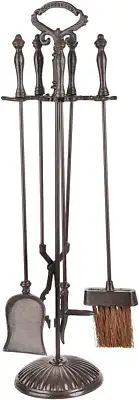 5PC Cast Iron Fireplace Tools Set, Heavy-Duty Large Fire Tool Set, Rustic Brown