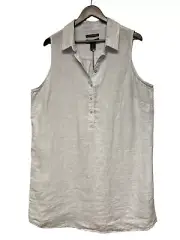 NEW! Tahari 100% Linen Flax Luxe White Blue Stripe Sleevless Button Top Women 1X