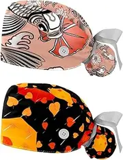 [WOSHJIUK] Working Hat 2 Pack Scrub Caps for Women,Umbrella Flower and Koi,Tie Back Cap Adjustable Scrub Hat