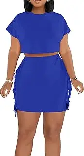 [LYANER] Women's 2 Piece Outfits Crewneck Fringe Short Sleeve Crop Top and Tassel Trim Bodycon Mini Skirt Set
