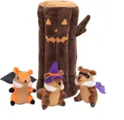 Zippy-Paws Halloween Burrow Haunted Log w 3 Chipmunks Squeaky Plush Dog Toy