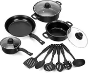Non-Stick Cookware Set, Portable Lightweight Cast Iron Pots and Pans with Glass Lids and Nylon Utensils - 13 Piece Set, Black for Outdoor Camping Picnic Travel