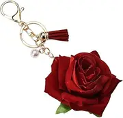 [YangQian] Pearl Rose Keychain Charm for Women Girls Pearl Charm for Keychain Bag Accessories Charms for Purse Backpack Handbag Charm with Red Rose Flower Key Chains with Tassel