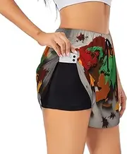 [GaxfjRu] World Map Made of Spices Print Women's Running Shorts High Waisted Running Shorts Pocket Sporty Gym Elastic Short