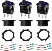 EMSea 3PCS Round Rocker Toggle Switch 12-24V 20A Blue LED Light On/Off Control Button 3Pins with 9 Connection Cables for Car Caravan Truck Boat