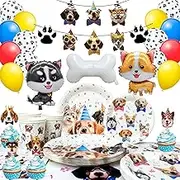 Puppy Dog Birthday Party Supplies,16 guests Dog Party Decorations & Dog Birthday Party Tableware Set- Dog Birthday Banner,Puppy Balloons&Puppy Party Plates Cups Table Cloth etc hemed Party Supplies
