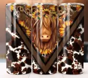 Highland Cow Sunflowers Tumbler 20oz Travel Cup Mug Stainless Steel W/ Straw