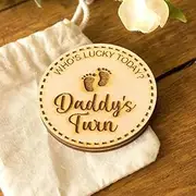 Luck and Luck Mummy Daddy Decision Coin Wooden, Whose turn is it?, baby shower, new parents gift