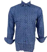 Luchiano Visconti Small Blue Fish Scales Design Long Sleeve Shirt, S