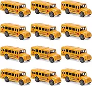 DUNRIOG 12 Pack Pull Back Bright Yellow School Bus Toys, 3.2" Die-cast Metal Friction Powered Toy Vehicles for Kids Boys Girls