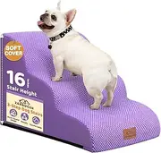 Zerbuger 3-Step Dog Stairs for Small Dogs 16" H, Curved Pet Steps for Old/Injured Dogs Cats Climbing Bed, Chair or Couch, Premium Foam Non-Slip Ramp for Indoor Pets up to 50lbs, Purple