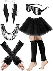 [Costume Bay] Womens Neon 80s Tutu Skirt 6 pcs Accessories Set Tutu Skirt Gloves Leg Warmers Glasses Necklace Earring Retro Theme Party Style Fancy Dress Outfit