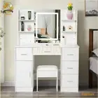 Dressing Table Stool Set With Smart LED Makeup Mirror And 6 Drawers Vanity Desk