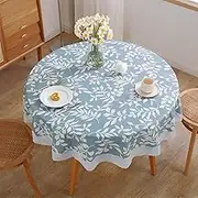 Round Tablecloth with Polyester Backing Oilproof Table Cloth Waterproof Table Cloths Non Washable PVC Table Cover Decorative Tablecloth Protector for Dining Buffet Party Picnic (Leafy)