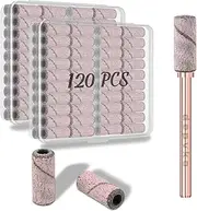 Depvko 120pcs Small Sanding Bands & 2pcs 3.1MM Mandrel Nail Drill Bits, 180 Fine Grit for Acrylic Nails, Gel Manicures & Pedicure, Pink