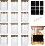 12pcs Glass Spice Jars,Square Containers with Bamboo Lid,Glass Storage Jars,Condiment Tank,Food Storage Cans, 4 Oz Glass Bottle,for Kitchen Storage