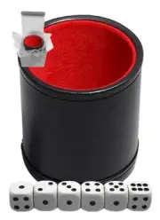 (6) 16mm Dot Pip Dice White + Black PU Leather Red Felt Lined Dice Cup Gift Box