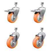 4 Inch 316SS Orange Polyurethane 12mm Threaded Stem Caster Set 2 Lock Brake
