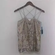NEW Venus Linen Cotton Rhinestone Sequin Fringe Tank Tan Small
