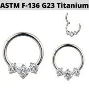 16G G23 Titanium 3 Round CZ Gem Hinged Clicker Ear Conch Tragus Ring Nose Septum