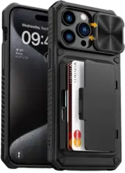 iPhone 15 Pro Max Case with Card Holder, Slide Camera Cover & Kickstand