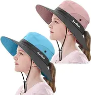 [LCZTN] 2 Pieces 5-14Y Kids Summer Sun Hat Wide Brim UV Protection for Girls Ponytail Beach Bucket Cap