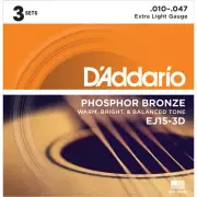 3 Pack D'Addario EJ15-3D Phosphor Bronze Extra Light Guitar Strings 10-47