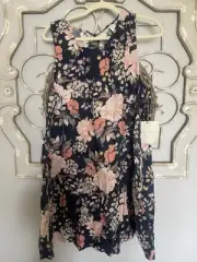 CYNTHIA ROWLEY Dress-Navy Linen Sleeveless A-Line Floral Print Pockets XL NWT