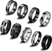[EIELO] 9Pcs Stainless Steel Band Rings for Men Women Cool Fidget Spinning Chain Ring Anxiety Relief Fashion Simple Wedding Engagement Black Ring Set