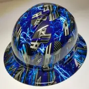 full brim hard hat custom hydro dipped IN BLUE LINE ICE SKULLS BLUE LIGHTNING