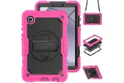 WASSUP Samsung Galaxy Tab A9 8.7 inch 2023 Case With Screen Protector Rotating Hand Strap Stand & Shoulder Strap-RoseRed&Black