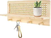 Wall Mounted Coat Hooks with Shelf, Rattan Rack with 4 Key Hooks 15.7 Inch Entryway Coat Rack, Decorative Floating Shelf for Entryway, Nursery, Mudroom, Hallway, Kitchen, Office