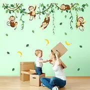 DECOWALL DS9-8053 Monkey Vines Wall Stickers Animals Kids Decals Peel and Stick Removable for Nursery Bedroom Living Room Baby Family Leaf Art décor