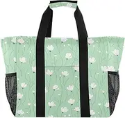 [sanluoli] Tote Bag Foldable Large Beach Bag Sandproof Canvas Laundry Carrying Bag, White Floral Cartoon Style, 1 size