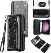 [Asuwish] Phone Case for Samsung Galaxy S23 FE 5G Zipper Wallet Detachable Cell Cover with Tempered Glass Screen Protector Crossbody Strap Bling Glitter Flip Card Holder S 23 EF S23FE 23S Women Black
