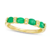 Sideways Oval Emerald and 0.05 CT. T.W. Natural Diamond Alternating Four Stone Ring in Solid 14K Gold