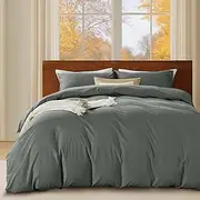 [LINENOVA] 100% Cotton Quilt Cover Set Single – 2 Pieces Vintage Washed Duvet Cover with Pillowcases, Ultra Soft & Breathable, All Season Bedding - Charcoal