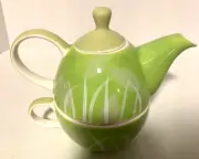 HuesNBrews Stacking Tea Set 16 oz Green Leaves / Grass Make 2 Cups New