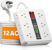 Powerboard USB Surge Protector - 18IN1 Power Board with 3 USB C & 3USB, 12 Outlet Power Strip with 1.9M Extension Cord, Wall Mountable 2500W Surge Protection and Overload Switch for Home & Office