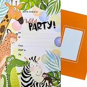 YLAB - 20 Jungle Safari Party Invitations – Kids Birthday Invites with Orange Envelopes – Animal Themed Party