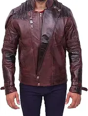 [Noills] Guardians Star Red Leather Jacket Men - Premum Pratt Lord Mens Galaxy - Distressed Maroon Superhero Motorcycle Jacket