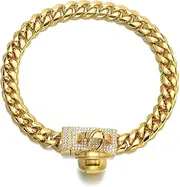 18K Gold Cat Dog Collar Kitten Puppy Wide Stainless Steel Kitten Choker Cubia Zirconia Curb Chew Proof Cuban Link 12mm Chain with Gold Bell
